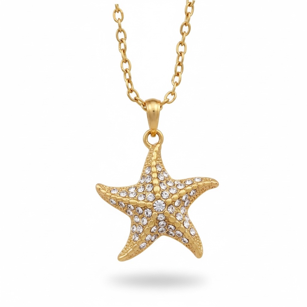 J Crew Gold tone Rhinestone Studded Star Fish Pendant Necklace 24" Long NWOT